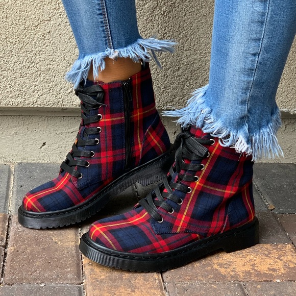 Red/Navy Sweater Plaid Lace Up Combat Boots - Picture 3 of 7
